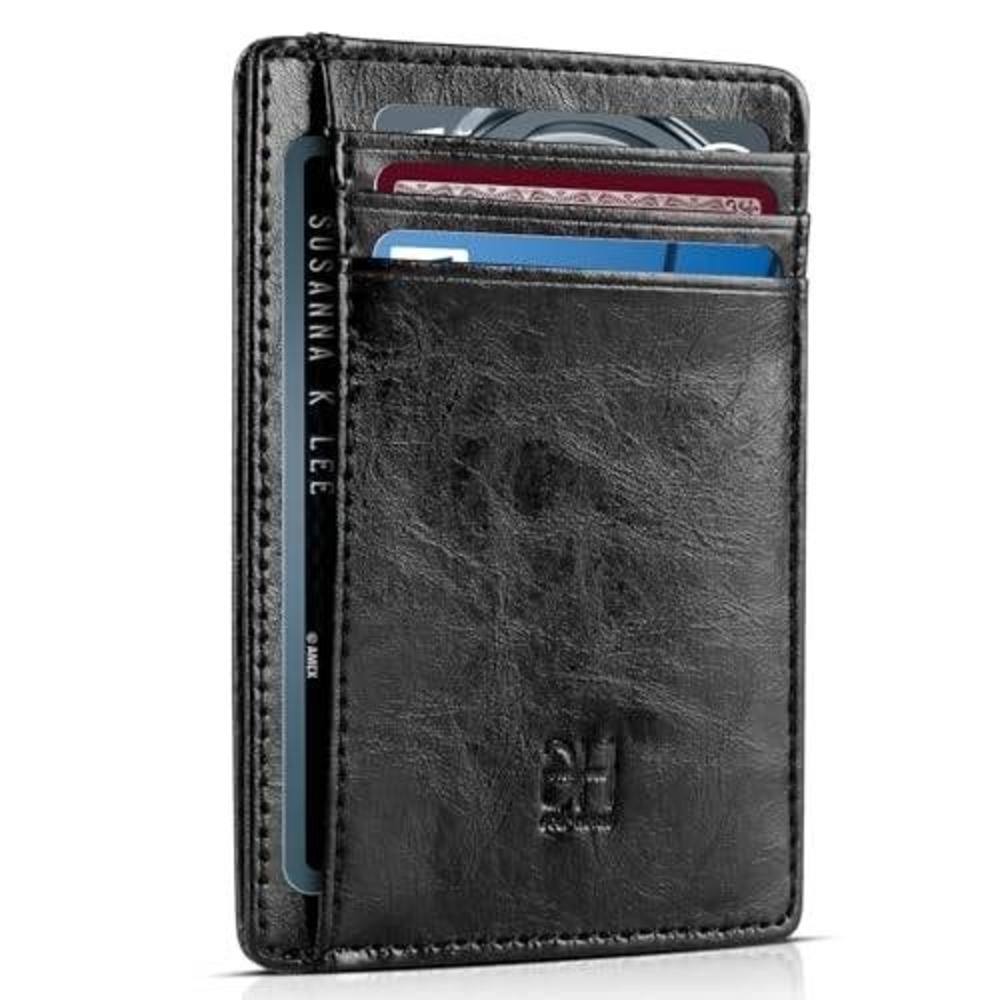 Slim Minimalist Front Pocket Wallet Black Vegan Leather Card Holder RFID Block